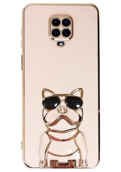 Xiaomi Redmi Note 9 Pro Kılıf Kamera Korumalı Köpek Desenli Standlı Silikon Pembe