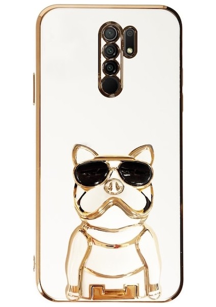 Xiaomi Redmi 9 Case Kılıf Kamera Korumalı Köpek Desenli Standlı Silikon Beyaz