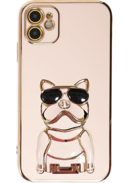 Apple iPhone 12 Case Kılıf Kamera Korumalı Köpek Desenli Standlı Silikon Pembe