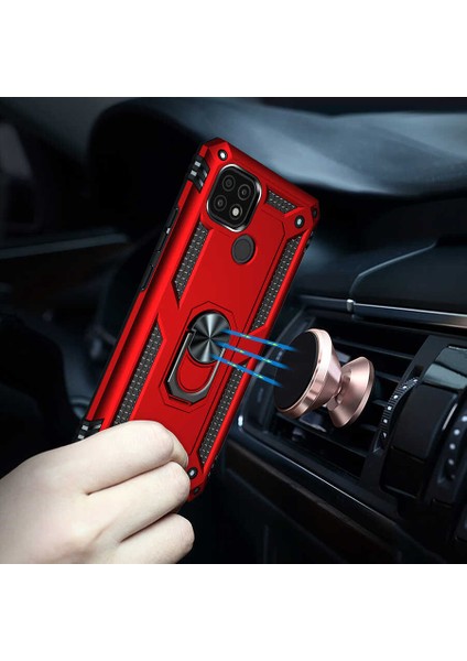 Realme C21 Case Kılıf Vega Yüzüklü Silikon Tank Koruma+Nano Kırmızı