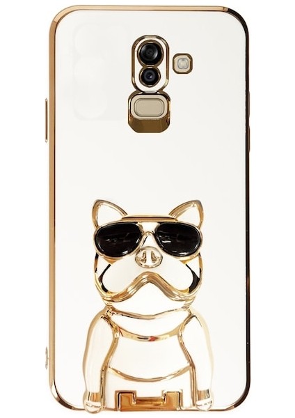 Samsung Galaxy A6 Plus 2018 Case Kılıf Kamera Korumalı Köpek Desenli Standlı Silikon Beyaz