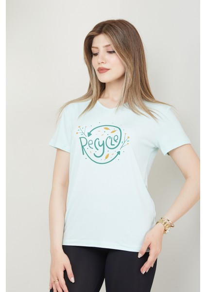 Kadın Recycle Baskılı V Yaka T-Shirt