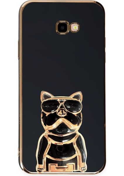 Samsung Galaxy J7 Prime Case Kılıf Kamera Korumalı Köpek Desenli Standlı Silikon Siyah