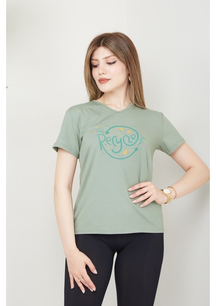 Kadın Recycle Baskılı V Yaka T-Shirt