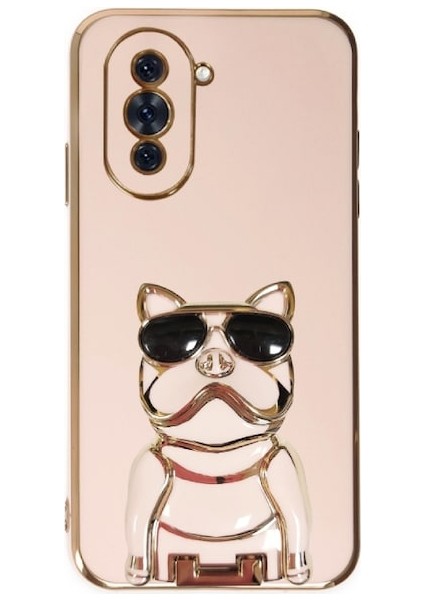 Huawei Nova 10 Case Kılıf Kamera Korumalı Köpek Desenli Standlı Silikon Pembe