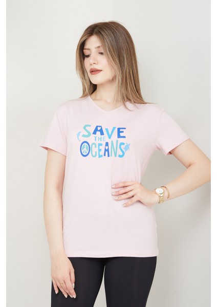 Kadın Save The Oceans Baskılı V Yaka T-Shirt fırsatları