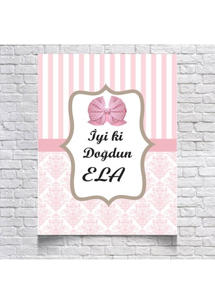 Pembe Çizğili Damask Desenli Doğum Günü AFIŞI35 x 50 cm