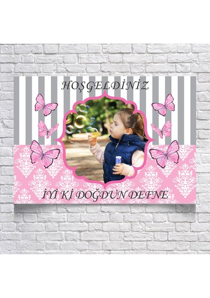 Pembe Kelebek Temalı Doğum Günü Afişi RESIMLI35 x 50 cm