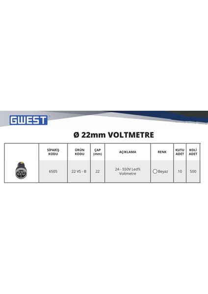 22MM Beyaz 24V-450V Voltmetre