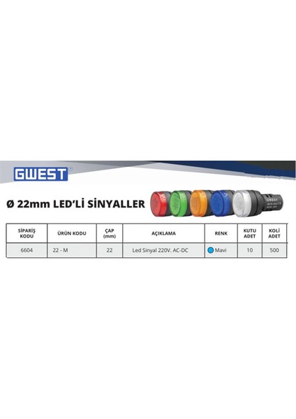 22MM Mavi 220V. Sinyal Lambası