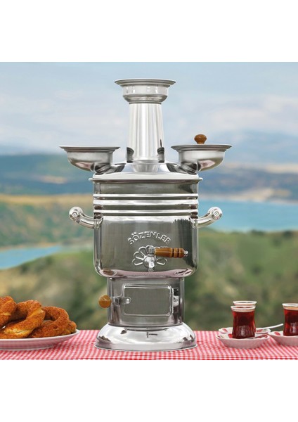 KS14 6 lt Krom Kömürlü Semaver Porselen Kulp