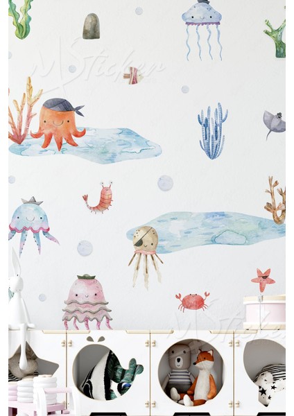 Deniz Canlıları Çocuk Bebek Odası Cam Duvar Sticker Seti