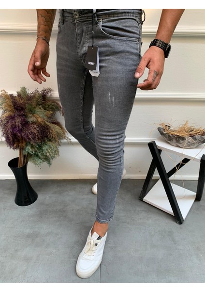 Erkek Gri Skinnyfit Likralı Jean Kot Pantolon
