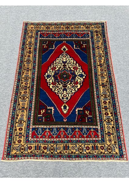 El Dokuma Dekoratif Taşpınar Halısı 134 x 200 Kırmızı Lacivert Yün