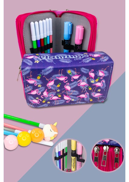 Kalem Kutusu Flamingo Kawaii Desen Orginazer Üç Bölmeli (Kalemlik)