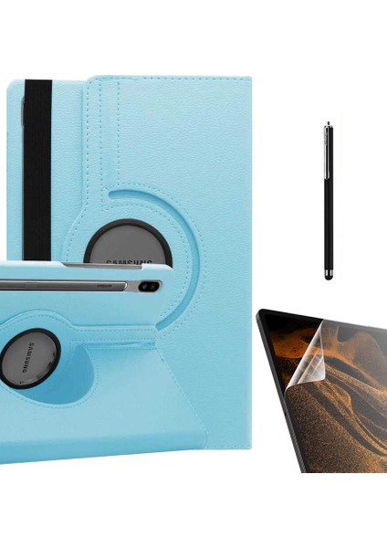 Samsung Galaxy Tab S7 Fe T733 Kılıf Kapaklı Standlı 360 Dönebilen Koruma DN22 + Nano + Kalem Mavi