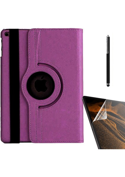 Apple iPad 10.2 2021 9.nesil Kılıf Kapaklı Standlı 360 Dönebilen Koruma DN22 + Nano + Kalem Mor