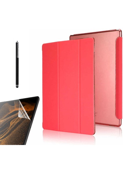 Samsung Galaxy Tab A7 10.4 T500 2020 Kılıf Smart Cover Kapaklı Standlı Uyku Modlu SM22 + Nano + Kalem Kırmızı