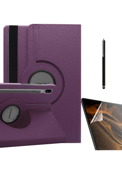 Samsung Galaxy Tab S7 Fe T730 Kılıf Kapaklı Standlı 360 Dönebilen Koruma DN22 + Nano + Kalem Mor