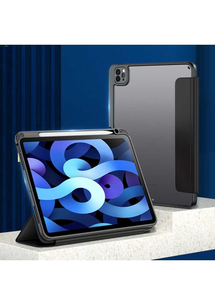 Apple iPad 10.2 8.nesil Kılıf Kalem Bölmeli Arkası Şeffaf Standlı Nt1 Mavi