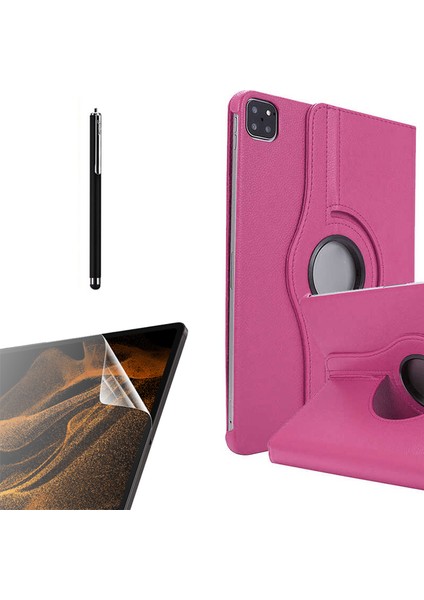 Apple iPad Air 10.9 2020 4.nesil Kılıf Kapaklı Standlı 360 Dönebilen Koruma DN22 + Nano + Kalem Pembe Koyu