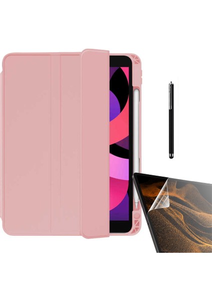 Apple iPad 10.2 8.nesil Kılıf Kalem Bölmeli Arkası Şeffaf Standlı NT11 + Nano + Kalem Pembe