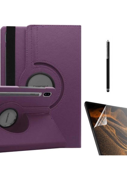 Samsung Galaxy Tab S7 Plus T970 Kılıf Kapaklı Standlı 360 Dönebilen Koruma DN22 + Nano + Kalem Mor