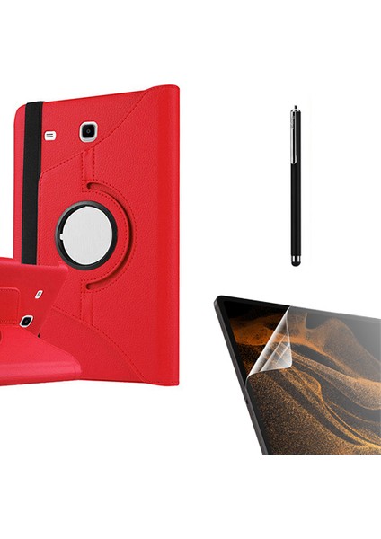 Samsung Galaxy Tab E T560 9.6 Kılıf Kapaklı Standlı 360 Dönebilen Koruma DN22 + Nano + Kalem Kırmızı