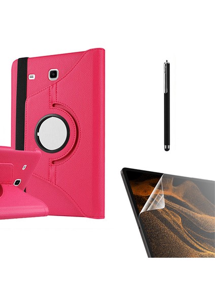 Samsung Galaxy Tab E T560 9.6 Kılıf Kapaklı Standlı 360 Dönebilen Koruma DN22 + Nano + Kalem Pembe Koyu