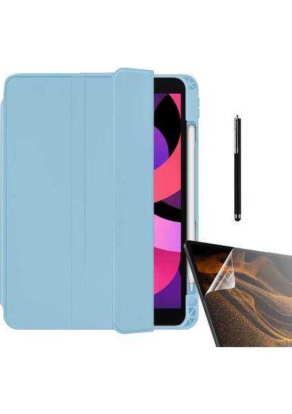 Apple iPad Air 10.9 2020 4.nesil Kılıf Kalem Bölmeli Arkası Şeffaf Standlı NT22 + Nano + Kalem Mavi
