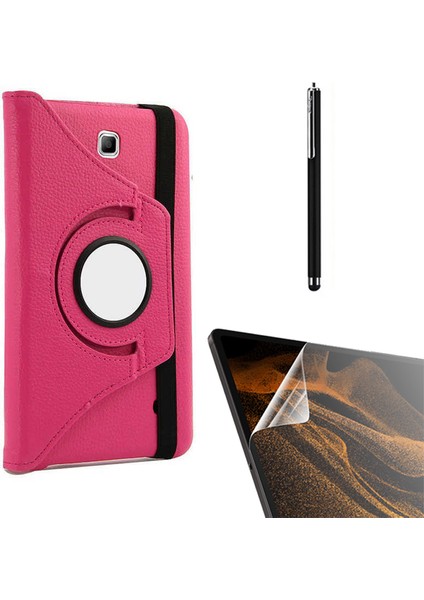 Samsung Galaxy Tab 4 7.0 T230 Kılıf Kapaklı Standlı 360 Dönebilen Koruma DN11 + Nano + Kalem Pembe Koyu