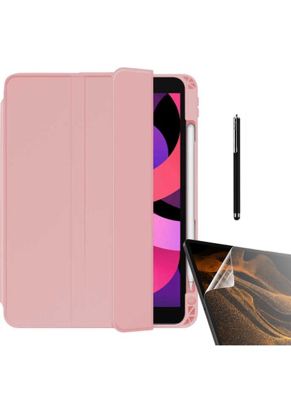 Apple iPad Air 10.9 2022 5.nesil Kılıf Kalem Bölmeli Arkası Şeffaf Standlı NT22 + Nano + Kalem Pembe