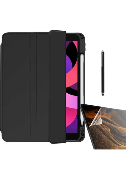 Apple iPad Pro 11 2021 3.nesil Kılıf Kalem Bölmeli Arkası Şeffaf Standlı NT22 + Nano + Kalem Siyah