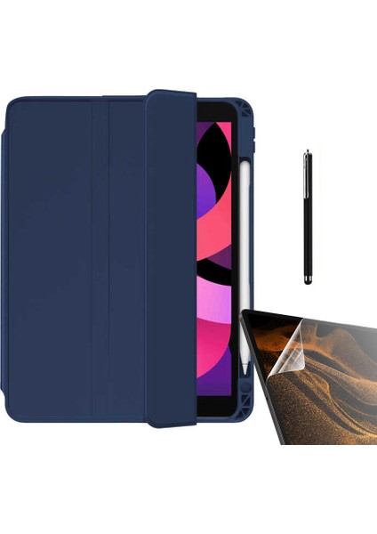 Apple iPad Pro 11 2020 2.nesil Kılıf Kalem Bölmeli Arkası Şeffaf Standlı NT22 + Nano + Kalem Lacivert