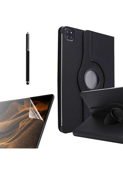Apple iPad Air 10.9 2020 4.nesil Kılıf Kapaklı Standlı 360 Dönebilen Koruma DN22 + Nano + Kalem Siyah