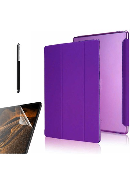 Samsung Galaxy Tab A7 10.4 T500 2020 Kılıf Smart Cover Kapaklı Standlı Uyku Modlu SM22 + Nano + Kalem Mor