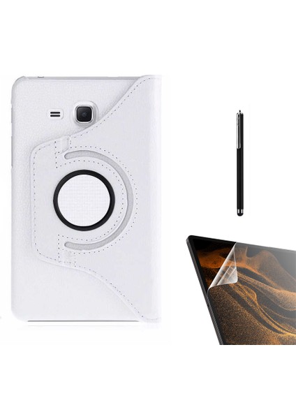 Samsung Galaxy Tab 4 T280 Kılıf Kapaklı Standlı 360 Dönebilen Koruma DN22 + Nano + Kalem Beyaz
