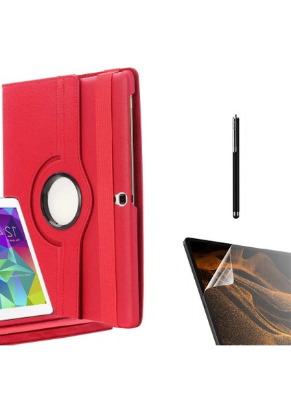 Samsung Galaxy Tab 4 10.1 T530 Kılıf Kapaklı Standlı 360 Dönebilen Koruma DN22 + Nano + Kalem Kırmızı