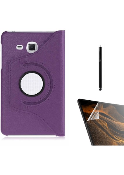 Samsung Galaxy Tab 4 T280 Kılıf Kapaklı Standlı 360 Dönebilen Koruma DN22 + Nano + Kalem Mor