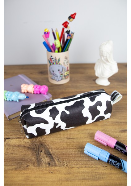Kalem Kutusu Inek Kare Tasarım Vegan Deri (Kalemlik ve Makyaj Çantası)