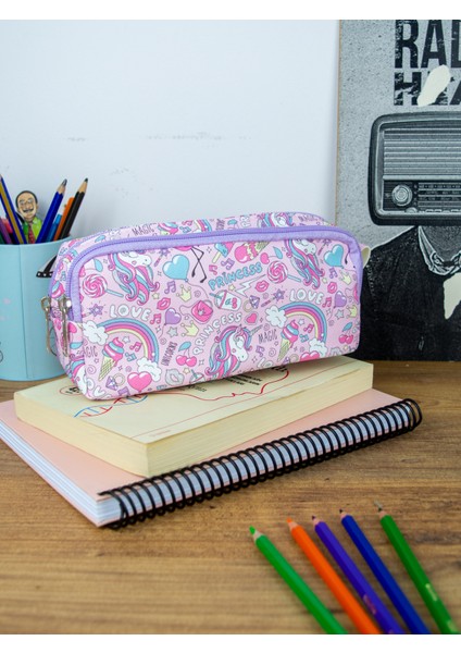 Kalem Kutusu Prenses Unicorn Iki Bölmeli Vegan Deri (Çift Gözlü Kalemlik)