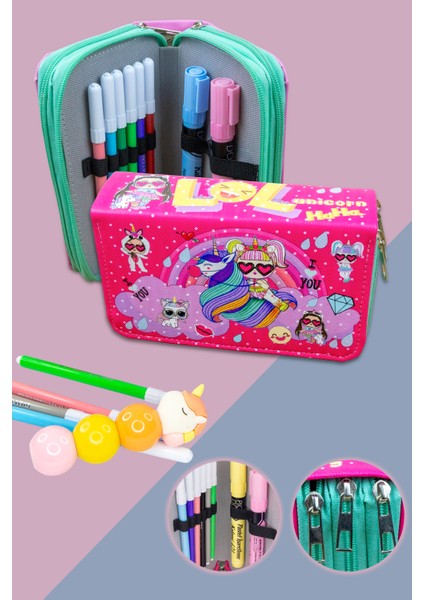 Kalem Kutusu Lolcorn Kawaii Desen Orginazer Üç Bölmeli Vegan Deri (Kalemlik)