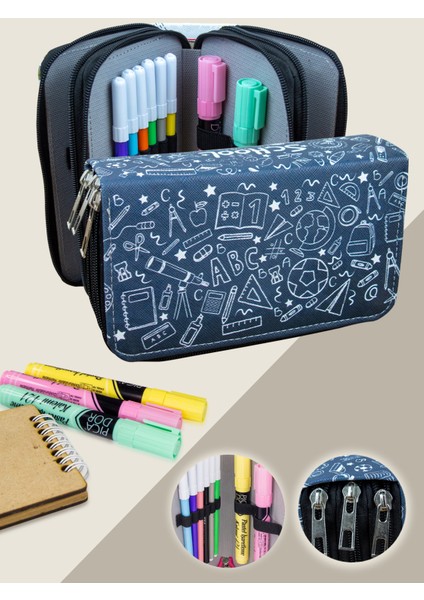 Kalem Kutusu School Cute Orginazer Üç Bölmeli Vegan Deri (Kalemlik)