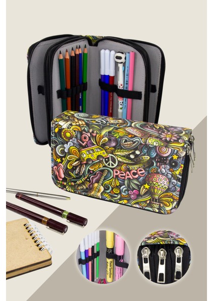 Kalem Kutusu Travel Orginazer Üç Bölmeli Vegan Deri (Kalemlik)