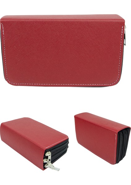 Kalem Kutusu Bordo Orginazer Üç Bölmeli Vegan Deri (Kalemlik)