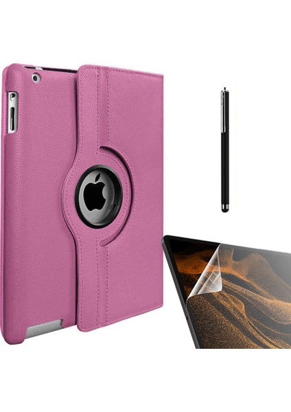 Apple iPad 9.7 2017 Uyumlu Kılıf Kapaklı Standlı 360 Dönebilen Koruma DN22 + Nano + Kalem Pembe