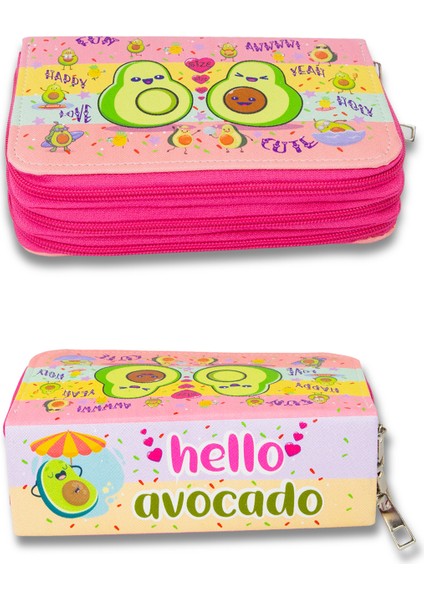 Kalem Kutusu Avocado Kawaii Desen Orginazer Üç Bölmeli Vegan Deri (Kalemlik)