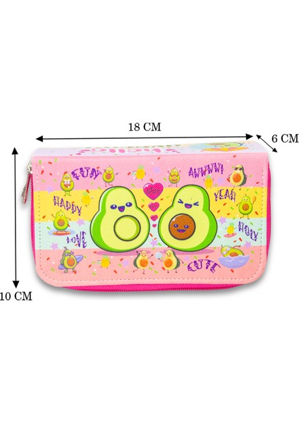 Kalem Kutusu Avocado Kawaii Desen Orginazer Üç Bölmeli Vegan Deri (Kalemlik)