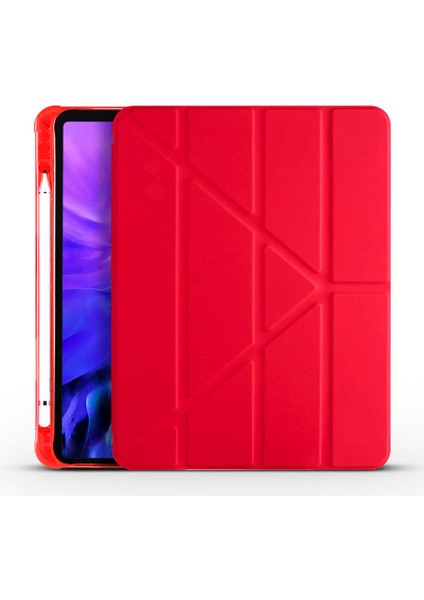 Apple iPad Air 10.9 2020 4.nesil Uyumlu Kılıf Standlı Katlanabilir Pu Silikon Tf1 Kırmızı