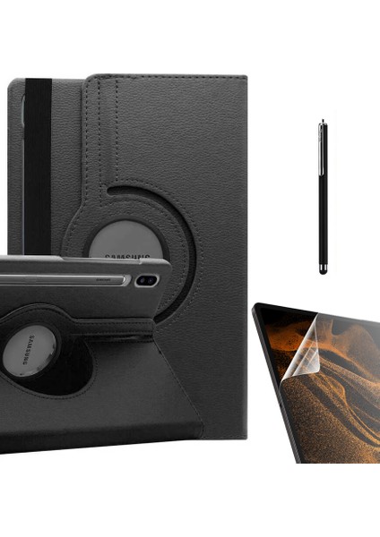 Samsung Galaxy Tab S7 Plus T970 Uyumlu Kılıf Kapaklı Standlı 360 Dönebilen Koruma DN22 + Nano + Kalem Siyah